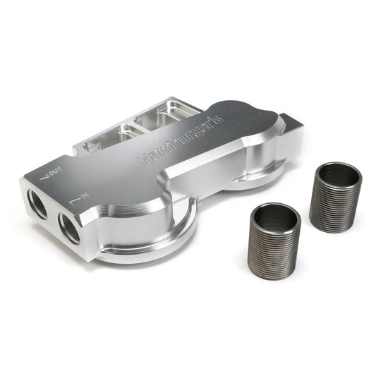 HAMBURGER'S PERFORMANCE PRODUCTS DOUBLE REMOTE OIL FILTER RELOCATION BASE; HP6 (OR EQUIVALENT); -12AN PORTS- BILLET ALUMINUM 3311