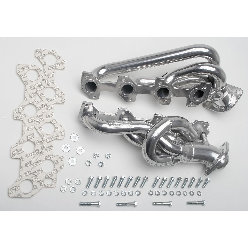 Hedman Hedders; 1999-02 DODGE TRUCK DURANGO DAKOTA 4.7L V8; 2WD AND 4WD; 1-1/2 IN. DIAMETER REPLACEMENT HEADERS STOCK COLLECTORS- HTC POLISHED-SILVER CERAMIC-COATED MILD STEEL 79576