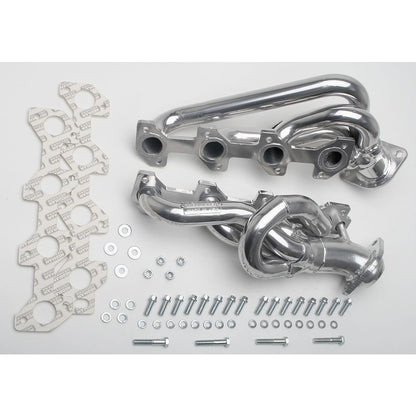 Hedman Hedders; 1999-02 DODGE TRUCK DURANGO DAKOTA 4.7L V8; 2WD AND 4WD; 1-1/2 IN. DIAMETER REPLACEMENT HEADERS STOCK COLLECTORS- HTC POLISHED-SILVER CERAMIC-COATED MILD STEEL 79576