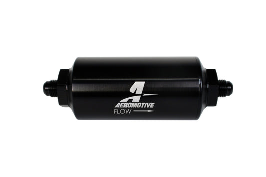 Aeromotive Filter, In-Line, 10-m Microglass Element, AN-06 Male, Bright-Dip Black, 2" OD 12345