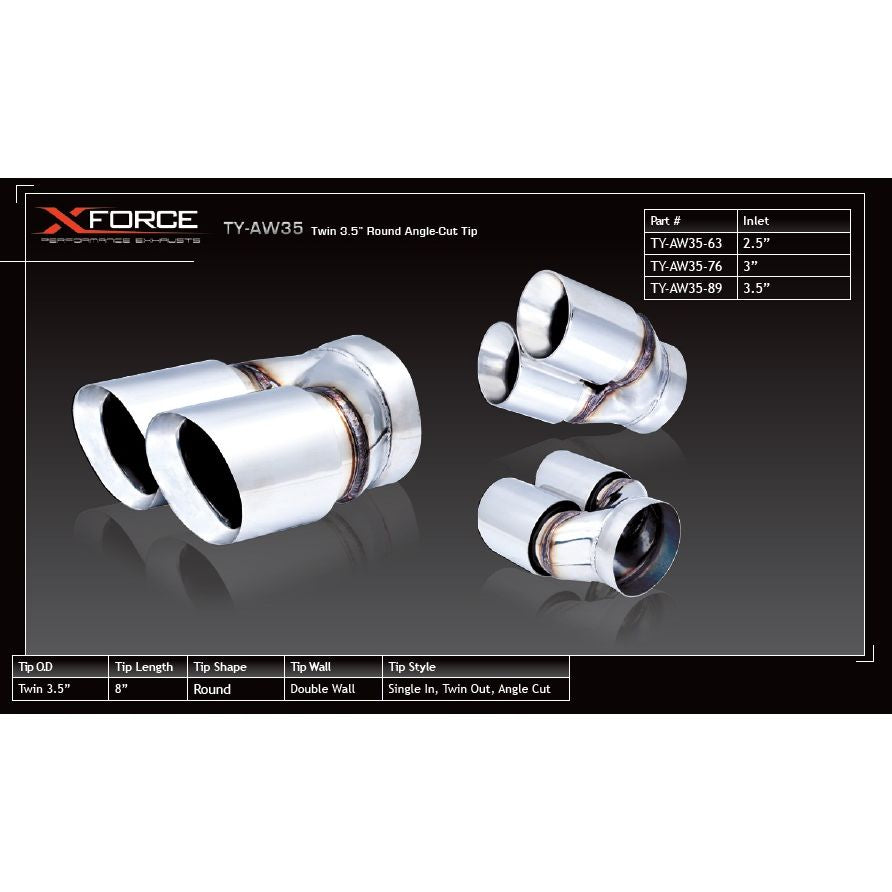 XFORCE Twin 3.5" Round Angle Cut Dual Wall 2.5" Inlet; Exhaust Tail Pipe Tip TY-AW35-63