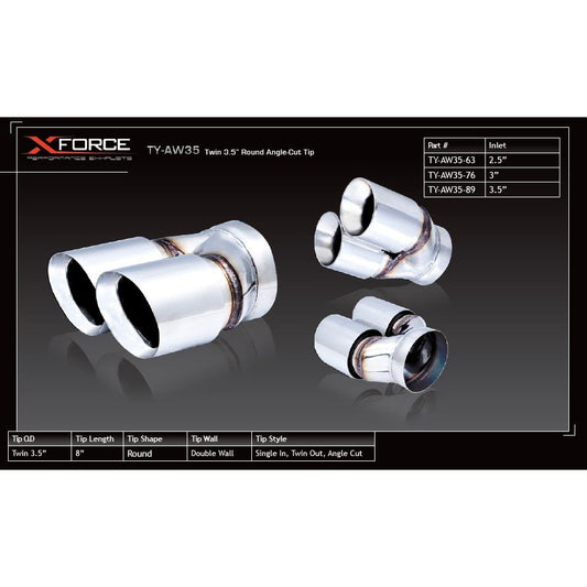 XFORCE Twin 3.5" Round Angle Cut Dual Wall 2.5" Inlet; Exhaust Tail Pipe Tip TY-AW35-63