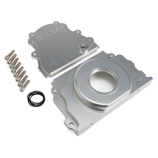 HAMBURGER'S PERFORMANCE PRODUCTS TWO-PIECE TIMING COVER; GEN IV LS ENGINES; CAM SENSOR IN COVER- BILLET ALUMINUM WITH CLEAR ANODIZED FINISH 1105