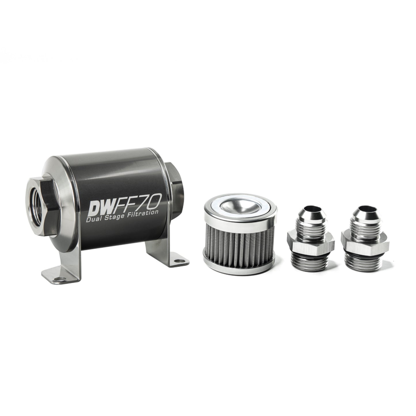 Deatschwerks In-line fuel filter element and housing kit, stainless steel 40 micron, -8AN, 70mm. Universal DEW-8-03-070-040K-8