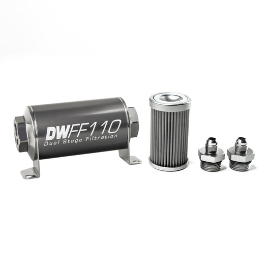 Deatschwerks In-line fuel filter element and housing kit, stainless steel 40 micron, -6AN, 110mm. Universal DEW-8-03-110-040K-6