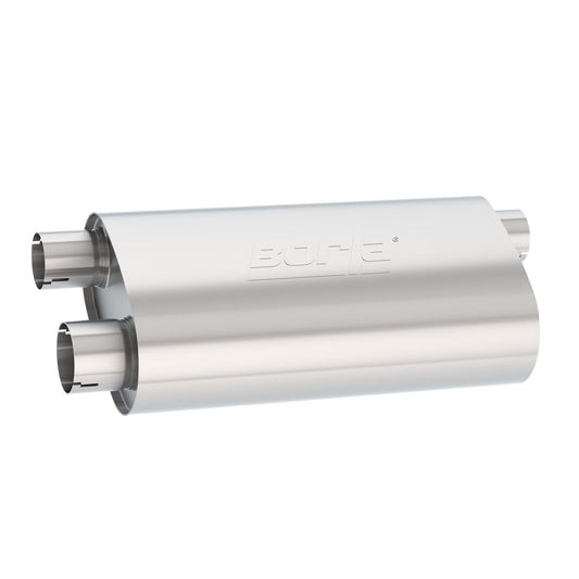 Borla Specialty Muffler Transverse Flow 2.5in Single Inlet/ 2.5in Dual Outlet 6in x 10.25in Oval x 19in Long Body NotchedNecks 400498