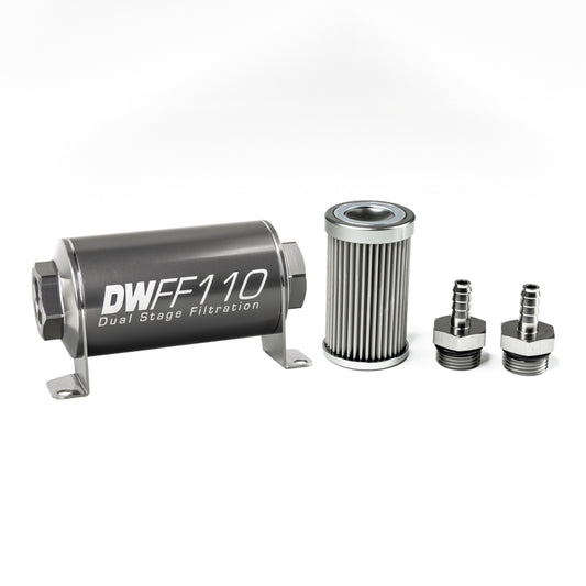 Deatschwerks In-line fuel filter element and housing kit, stainless steel 10 micron, 5/16in hose barb, 110mm. Universal DEW-8-03-110-010K-516