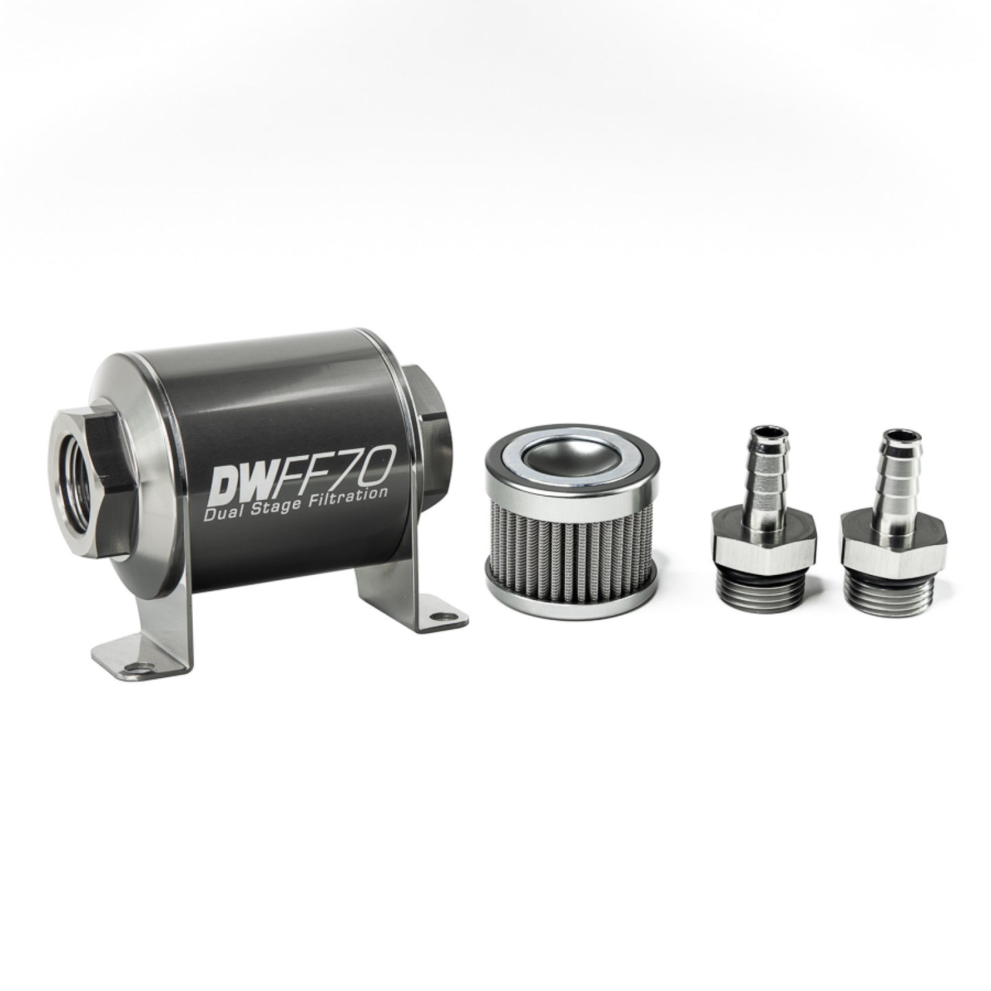 Deatschwerks In-line fuel filter element and housing kit, stainless steel 100 micron, 3/8in hose barb, 70mm. Universal DEW-8-03-070-100K-38