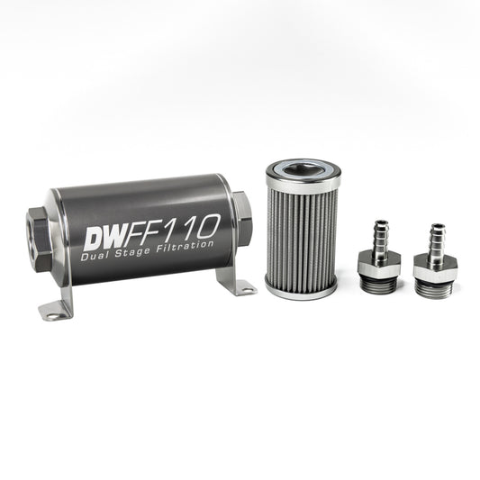 Deatschwerks In-line fuel filter element and housing kit, stainless steel 100 micron, 5/16in hose barb, 110mm. Universal DEW-8-03-110-100K-516