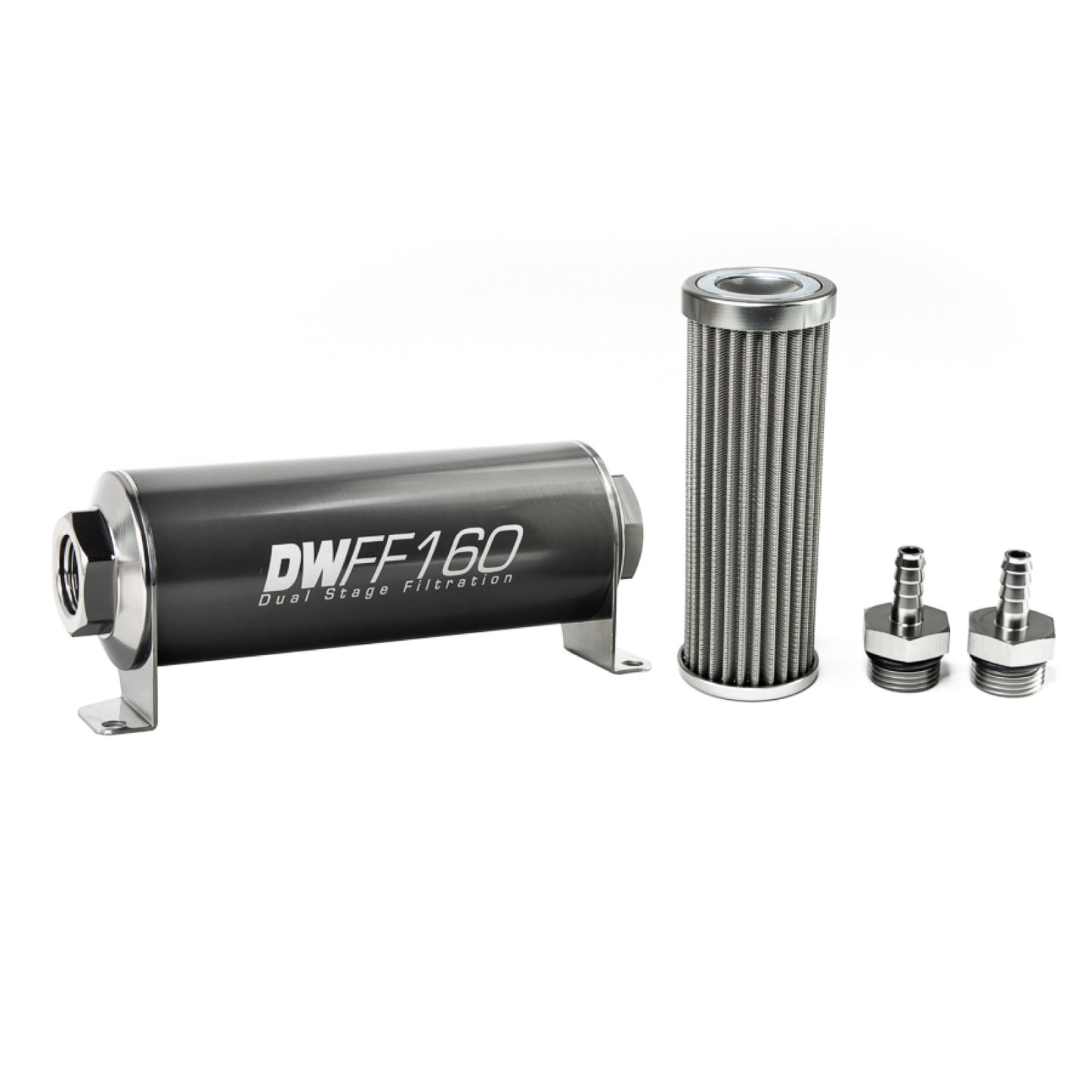 Deatschwerks In-line fuel filter element and housing kit, stainless steel 100 micron, 5/16in hose barb, 160mm. Universal DEW-8-03-160-100K-516