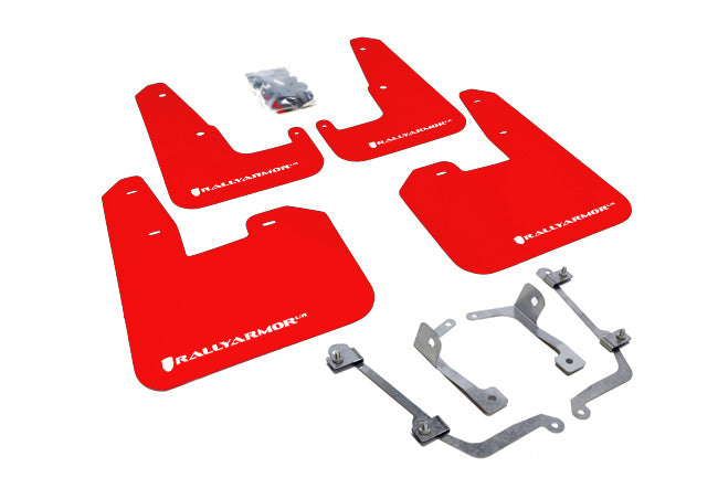 Rally Armor MF15-UR-RD/WH - 2011-2014 Subaru WRX Hatchback / 2008-2014 Subaru STI Hatchback - Red Mud Flap/White Logo
