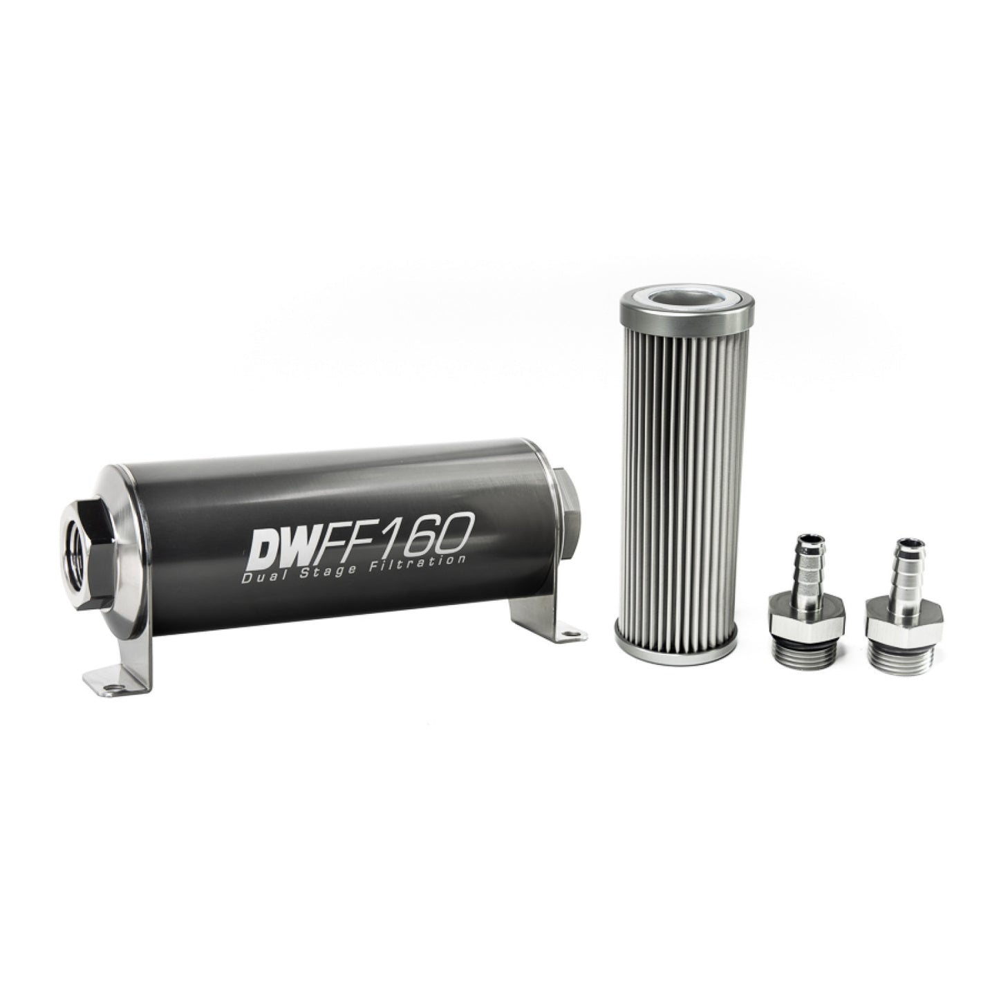 Deatschwerks In-line fuel filter element and housing kit, stainless steel 10 micron, 3/8in hose barb, 160mm. Universal DEW-8-03-160-010K-38