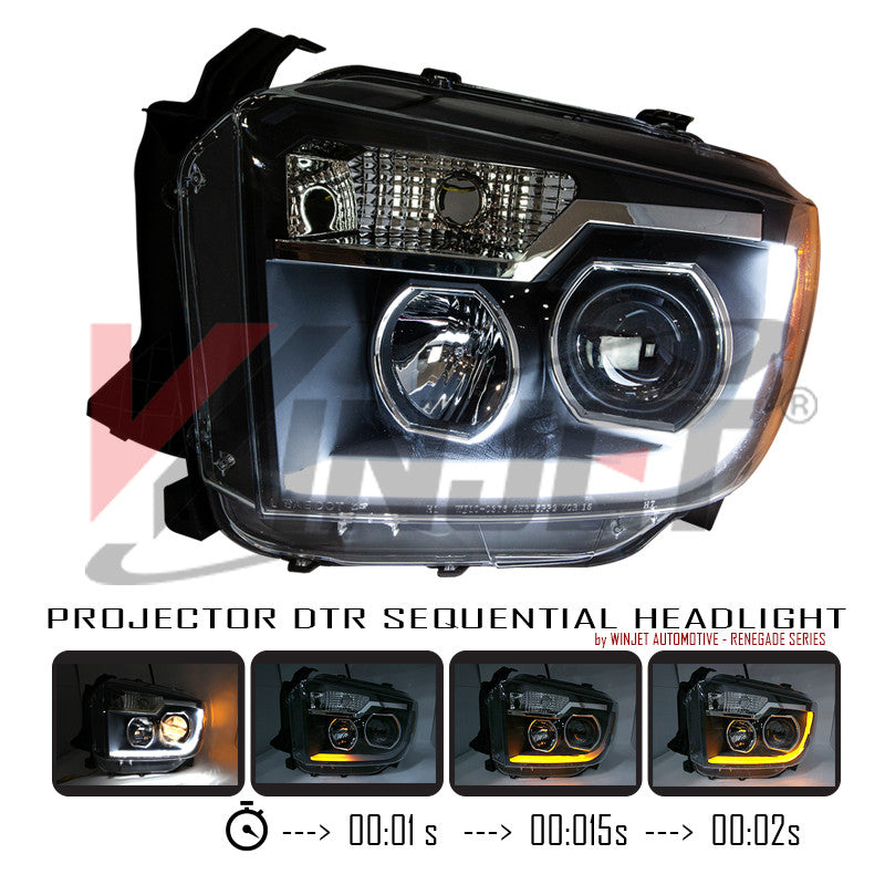 RENEGADE 2014-2019 Toyota Tundra Projector Headlights with LED Switchback Sequential DRL Light Bar - Black/Clear WINJET-CHRNG0376-B-SQ