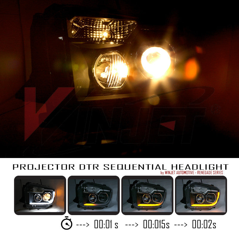 RENEGADE 2014-2019 Toyota Tundra Projector Headlights with LED Switchback Sequential DRL Light Bar - Black/Clear WINJET-CHRNG0376-B-SQ