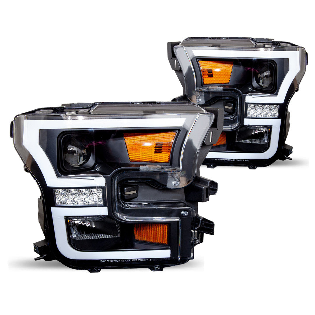 WINJET 2015-2017 Ford F-150 Projector Headlights with LED Switchback Sequential DRL Light Bar - Black/Clear CHRNG0427-B-SQ