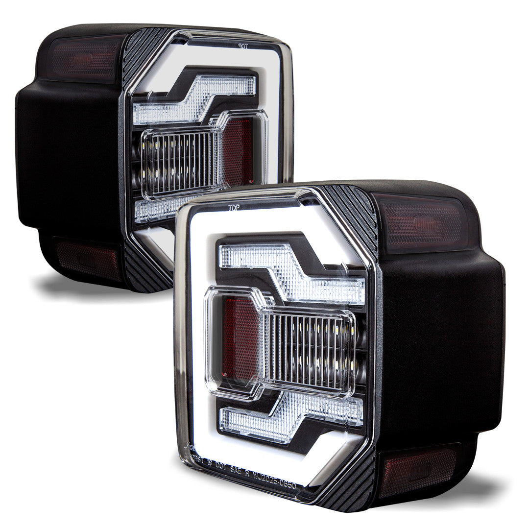 WINJET 2018+ Jeep Wrangler JL&JLU Taillights with LED Lightbars & Sequential Turn Signals- Black/Clear CTRNG0650-BC-SQ