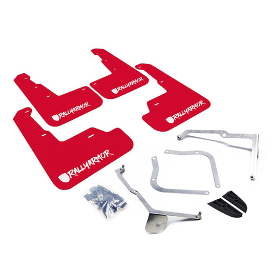 Rally Armor MF32-UR-RD/WH-X - 2015-2019 Subaru WRX Sedan / 2015-2019 Subaru STI Sedan - Red Mud Flap/Altered Font White Logo