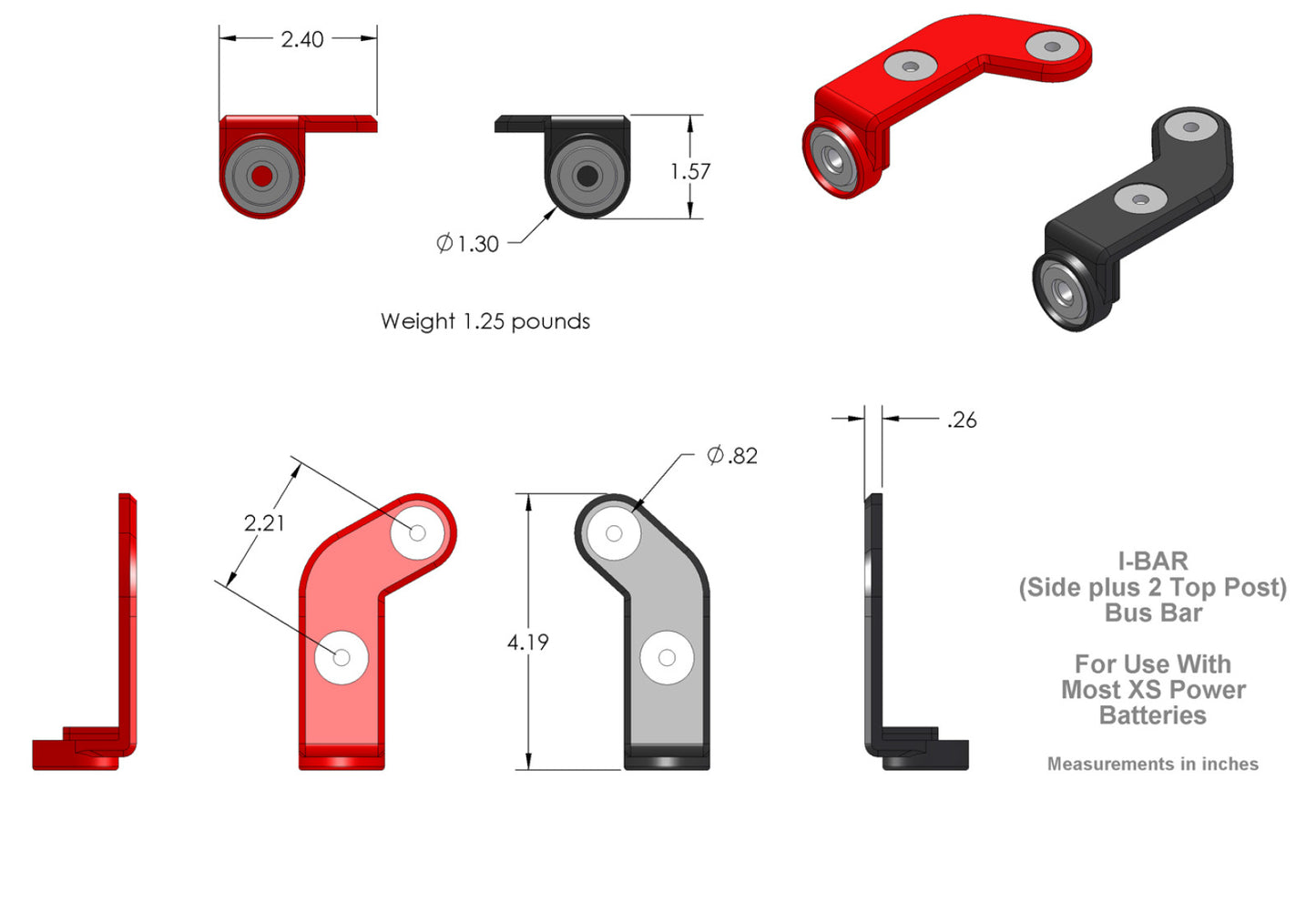 XS Power Batteries I-BAR Marine Side and Top Terminal Adaptor with 5/16" and 3/8" Studs 553